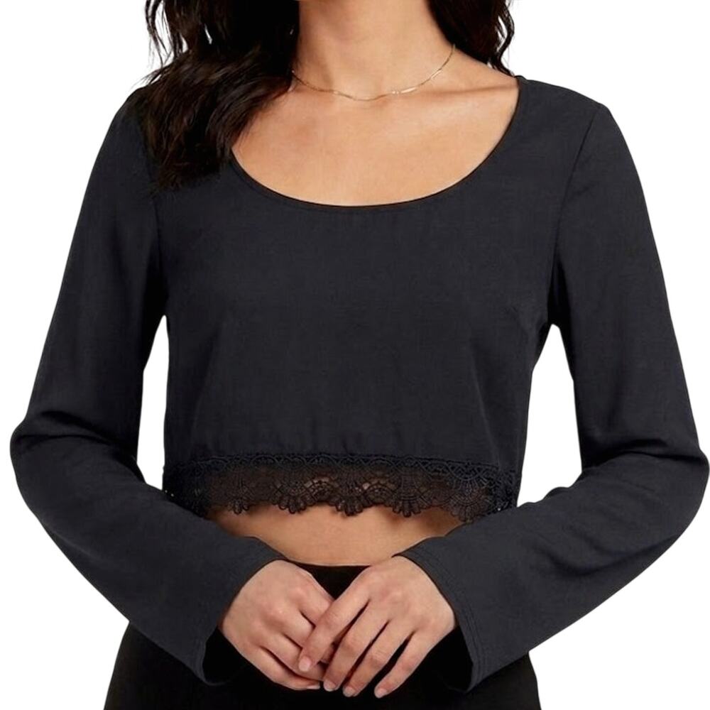 TOBI Black Sheer Crop Top (L) Crochet Lace Trim Wide Sleeve Whimsigoth Blouse